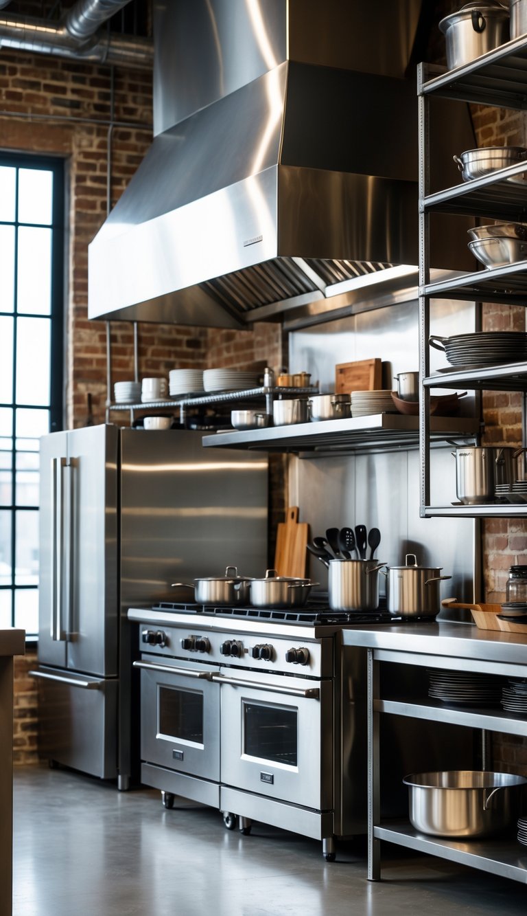 21 Industrial Kitchen Design Ideas for Modern and Efficient Spaces 6 A modern industrial kitchen with stainless steel appliances, metal countertops, and industrial shelving.