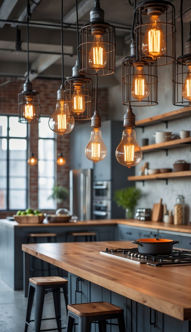 21 Industrial Kitchen Design Ideas for Modern and Efficient Spaces 7 A modern kitchen interior with hanging pendant lights featuring exposed bulbs above a large island and stainless steel appliances.