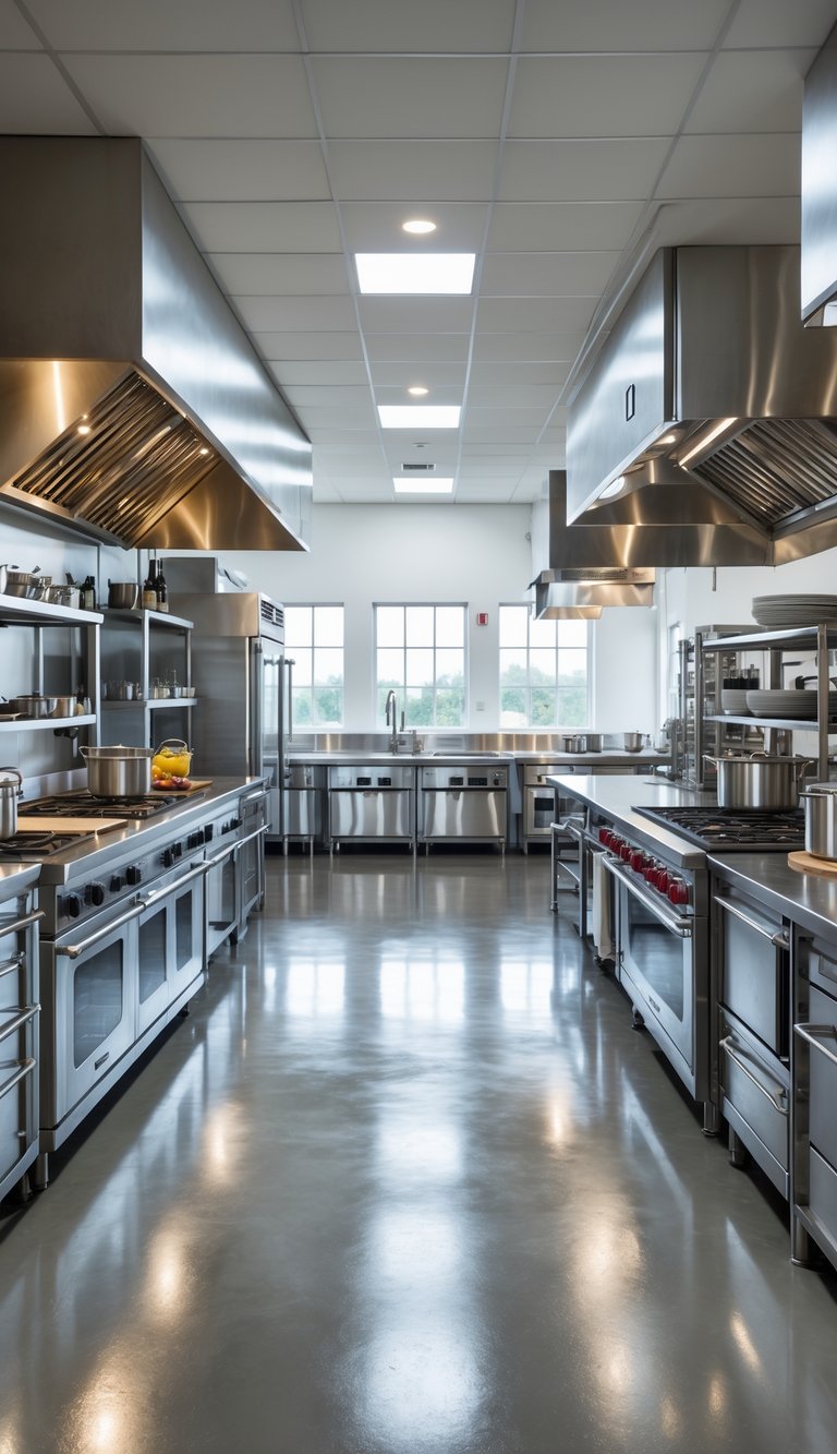 21 Industrial Kitchen Design Ideas for Modern and Efficient Spaces 8 A spacious industrial kitchen with polished concrete flooring, stainless steel appliances, and organized workstations.