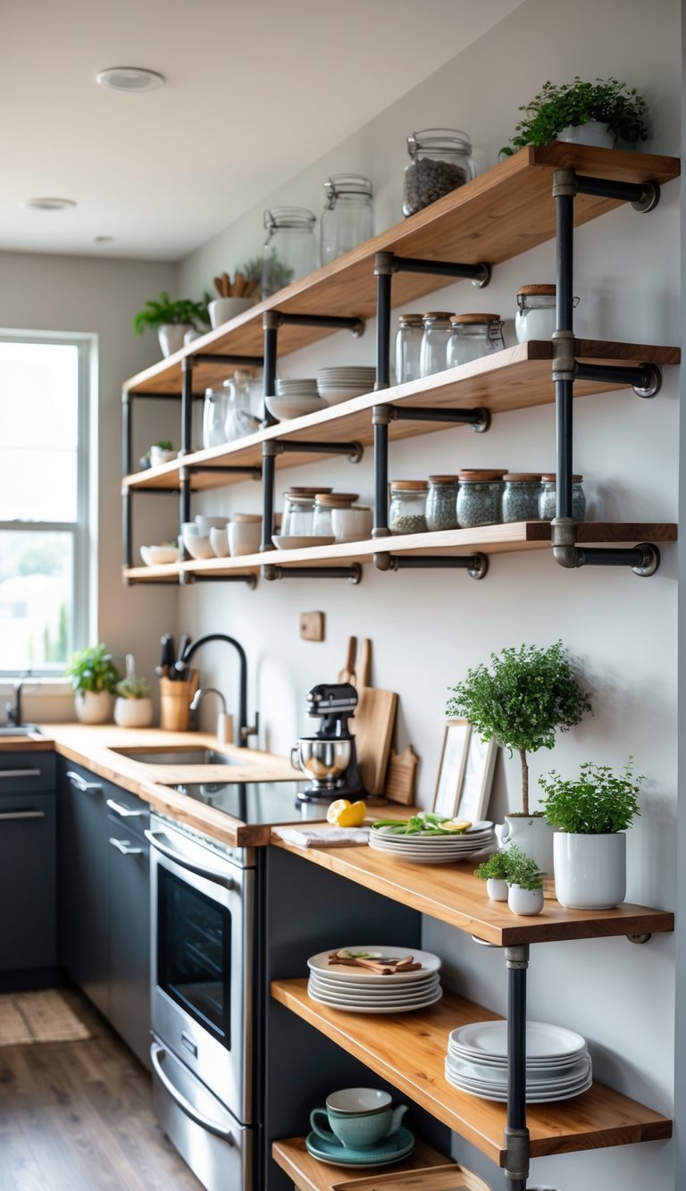 21 Industrial Kitchen Design Ideas for Modern and Efficient Spaces 9 A kitchen with pipe shelving units made of metal and wood holding kitchen items like jars and dishes.