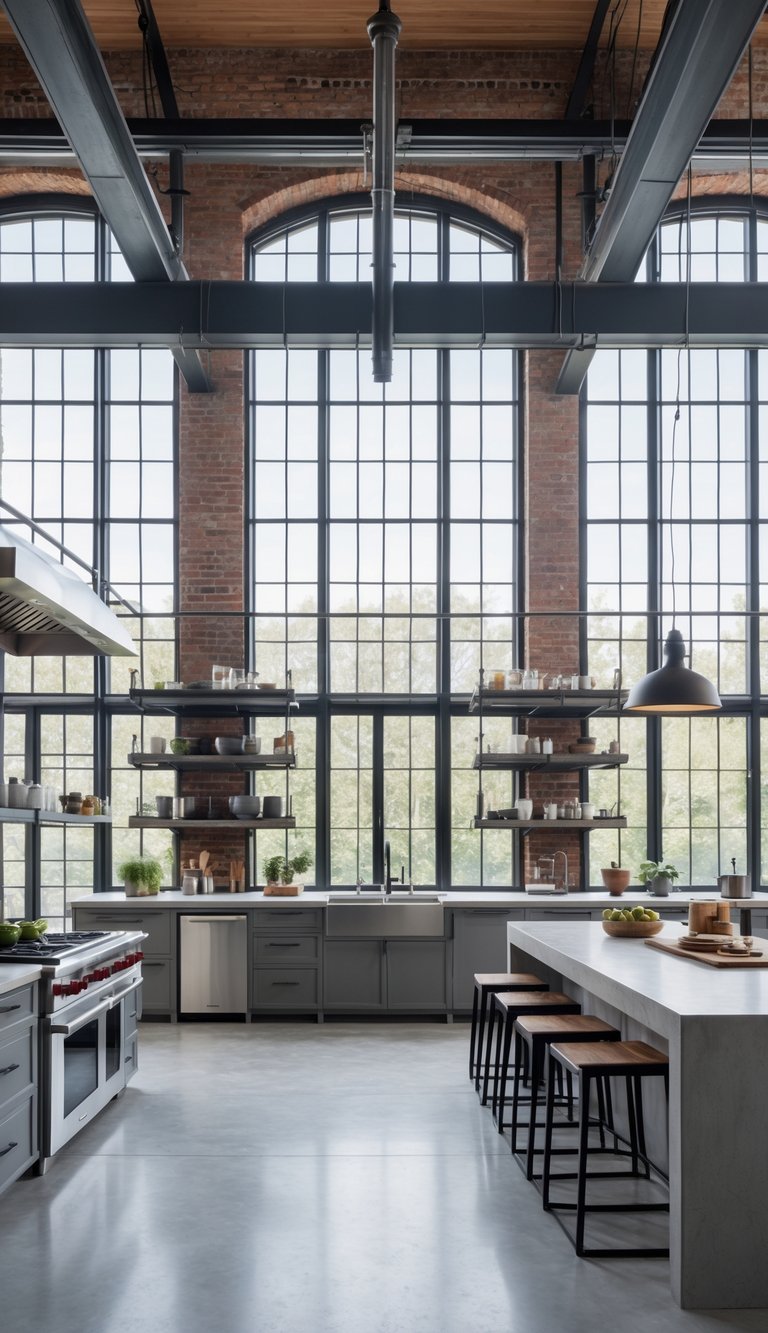 21 Industrial Kitchen Design Ideas for Modern and Efficient Spaces 10 A spacious kitchen with large industrial-style windows letting in natural light, stainless steel appliances, brick walls, and a central island with bar stools.