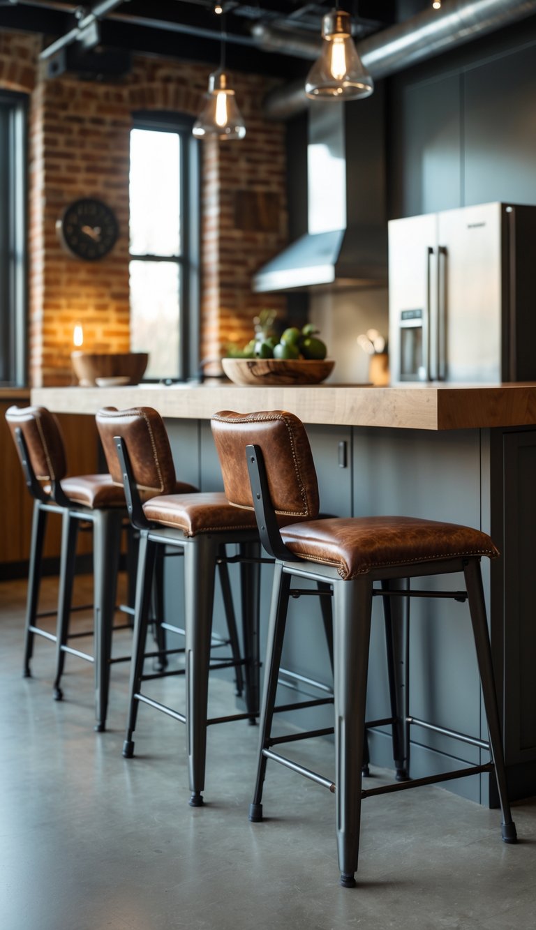 21 Industrial Kitchen Design Ideas for Modern and Efficient Spaces 11 Metal bar stools with leather seats arranged along a kitchen island in a modern kitchen.
