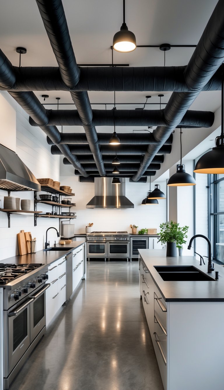 21 Industrial Kitchen Design Ideas for Modern and Efficient Spaces 12 A modern industrial kitchen with exposed matte black ductwork on the ceiling, stainless steel appliances, and large preparation counters.
