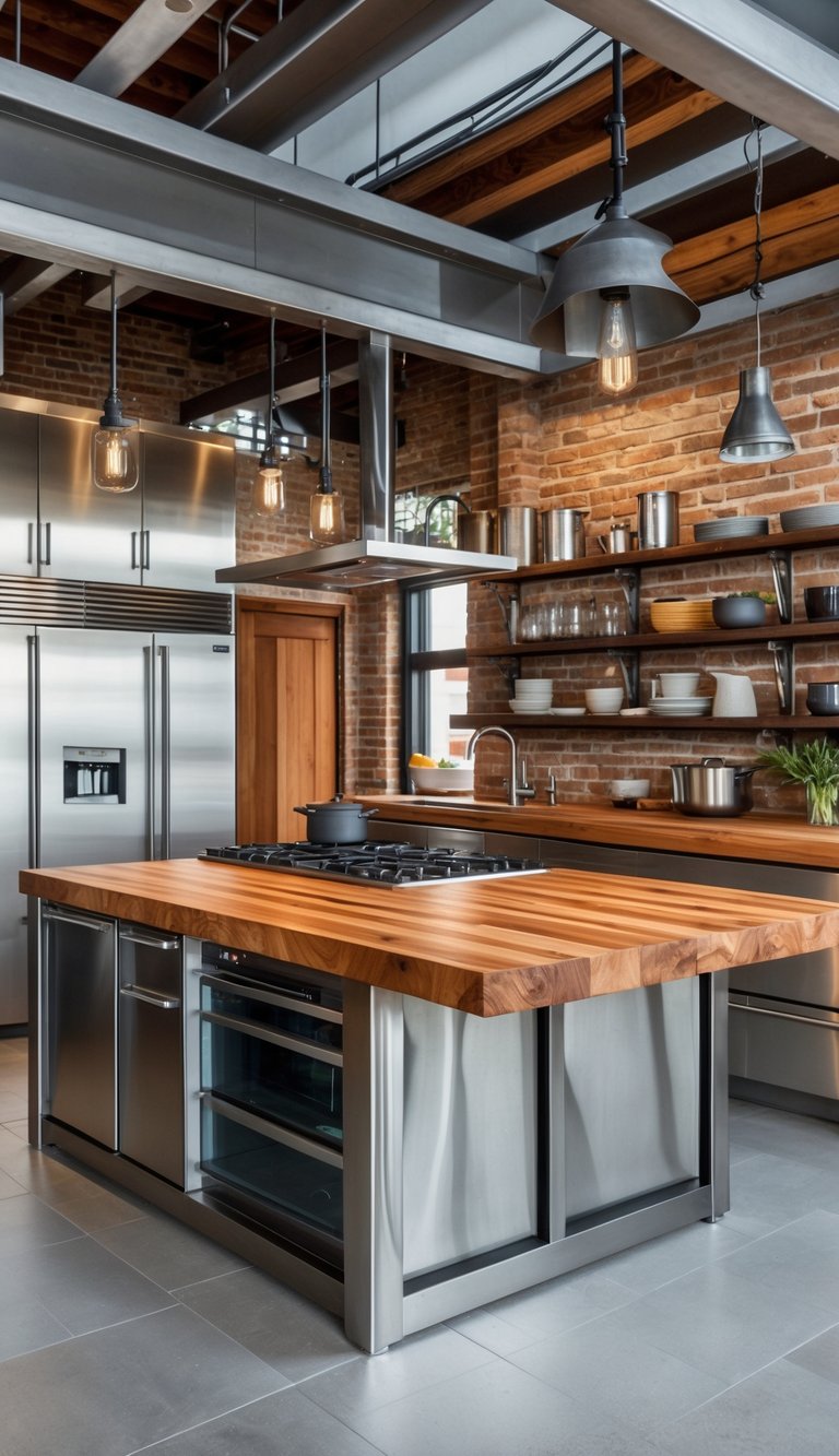 21 Industrial Kitchen Design Ideas for Modern and Efficient Spaces 13 A spacious kitchen with wooden butcher block countertops combined with metal accents, stainless steel appliances, and industrial-style lighting.