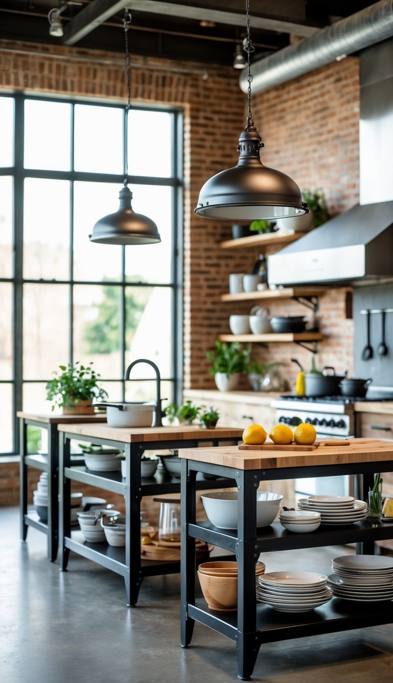 21 Industrial Kitchen Design Ideas for Modern and Efficient Spaces 14 A kitchen with black steel islands featuring open storage shelves filled with kitchen items, large windows, and industrial-style lighting.