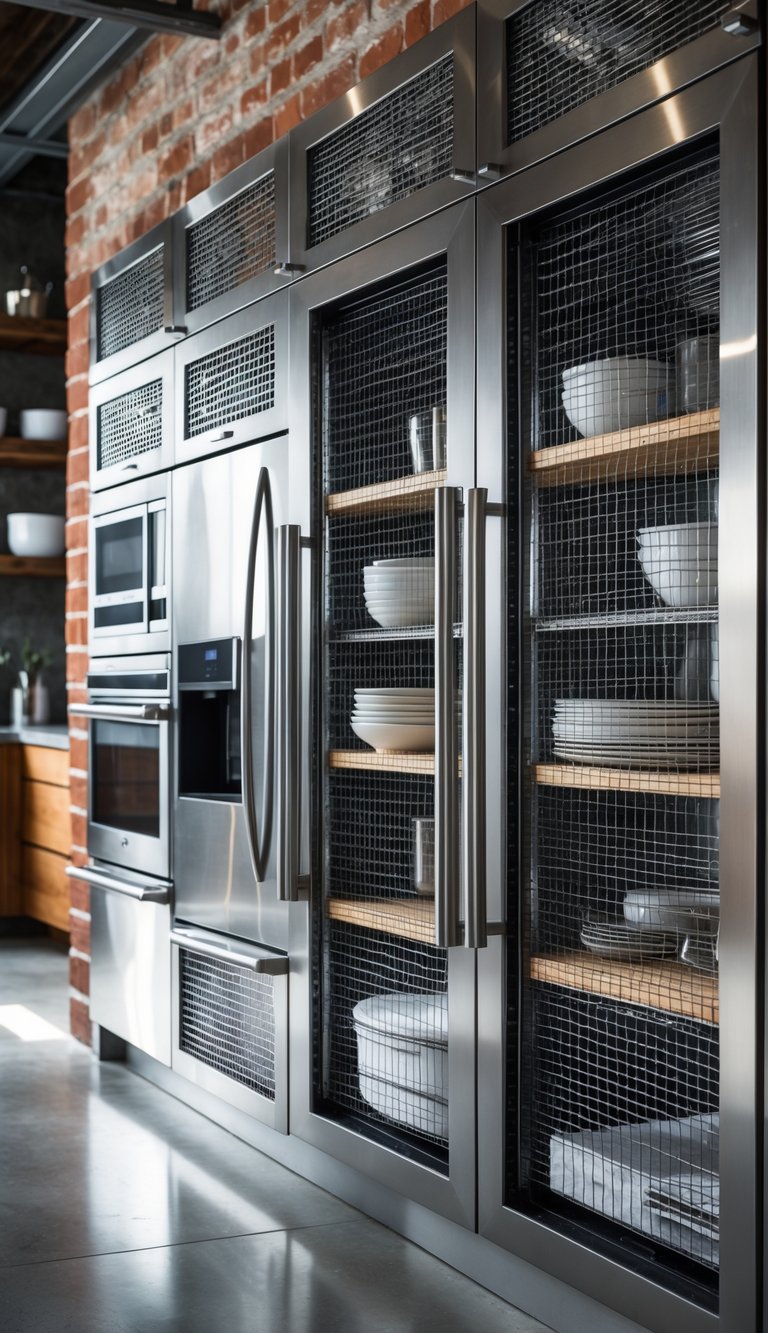 21 Industrial Kitchen Design Ideas for Modern and Efficient Spaces 15 Modern industrial kitchen with wire mesh cabinet doors and stainless steel appliances.