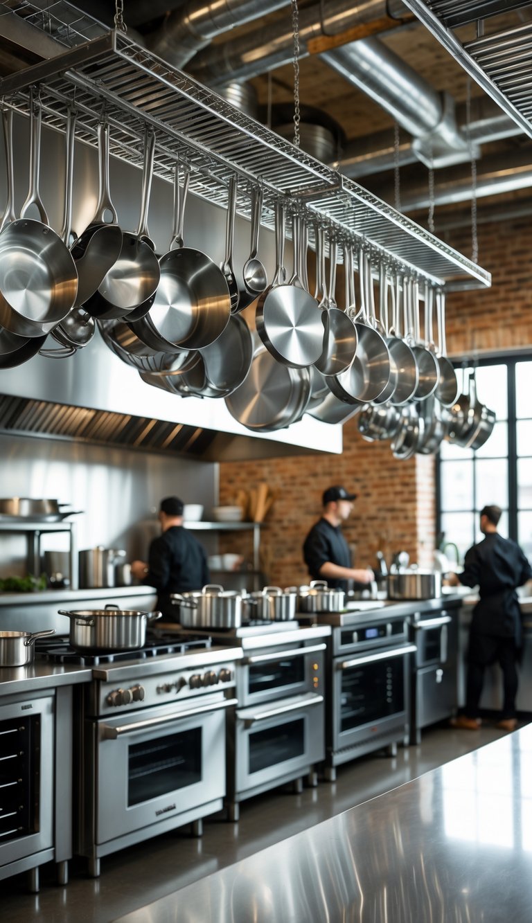 21 Industrial Kitchen Design Ideas for Modern and Efficient Spaces 19 A large industrial kitchen with metal hanging pot racks holding pots and pans above stainless steel workspaces and ovens.