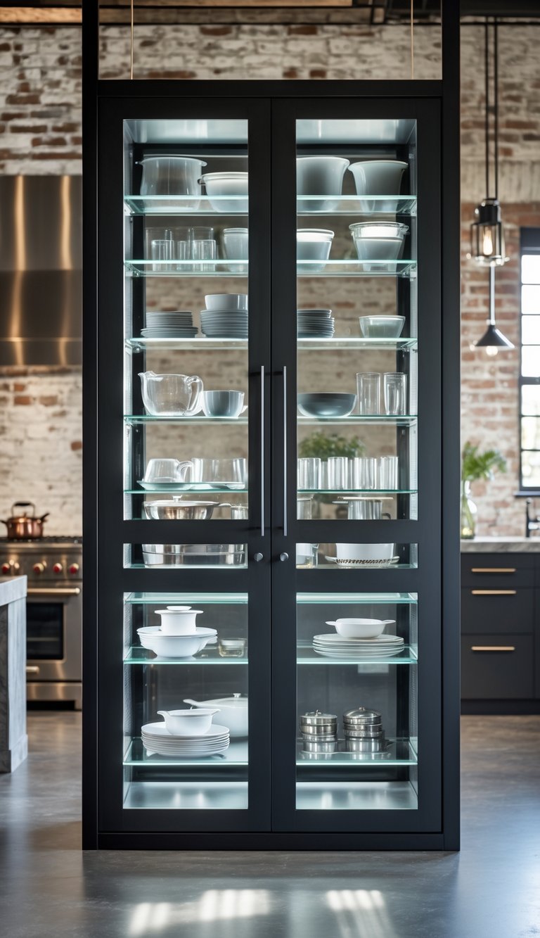 21 Industrial Kitchen Design Ideas for Modern and Efficient Spaces 20 A modern kitchen with steel-framed glass cabinet doors, stainless steel appliances, and a large kitchen island.