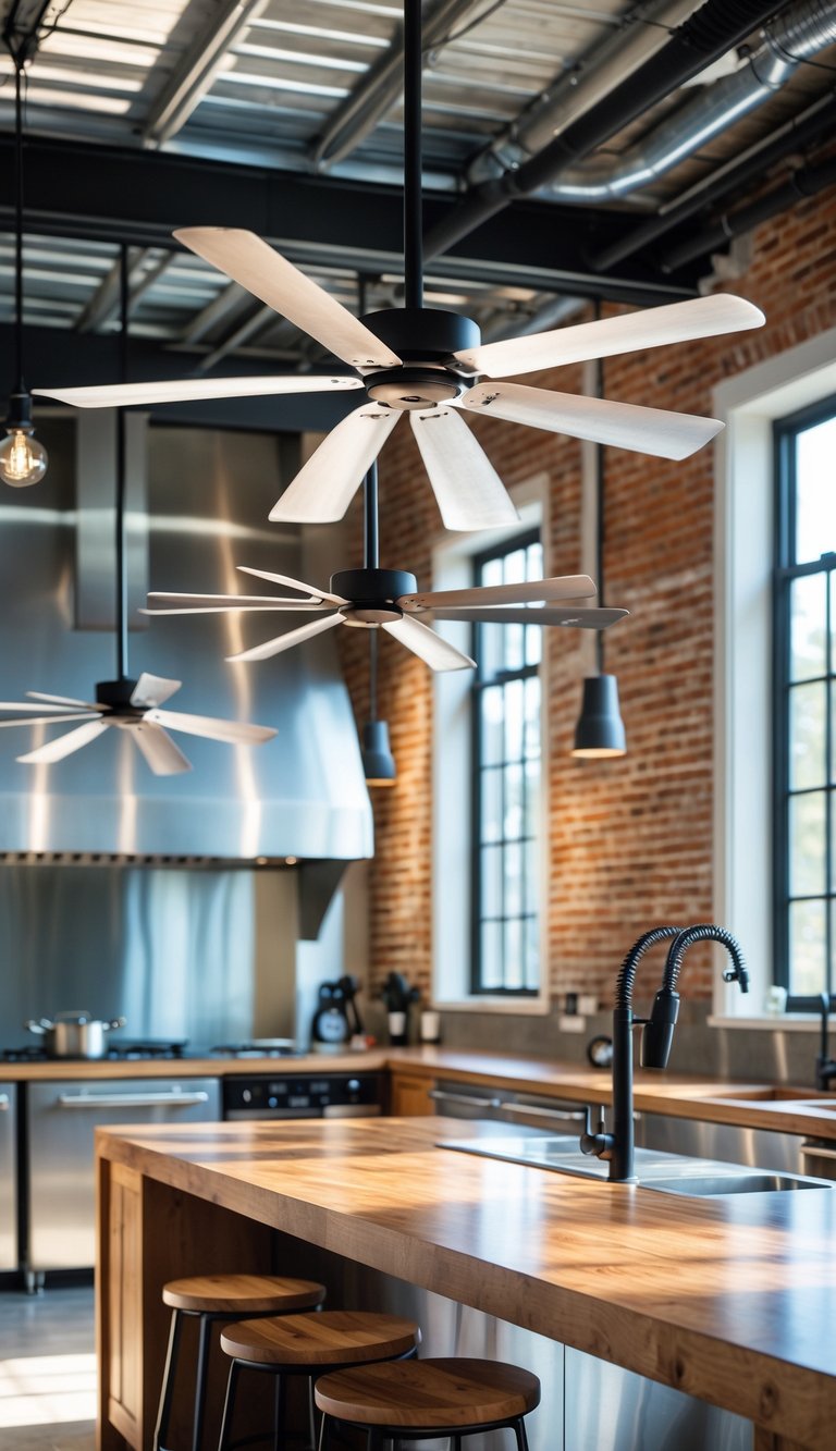 21 Industrial Kitchen Design Ideas for Modern and Efficient Spaces 21 A spacious kitchen with metal blade ceiling fans hanging from a high ceiling and industrial design elements.