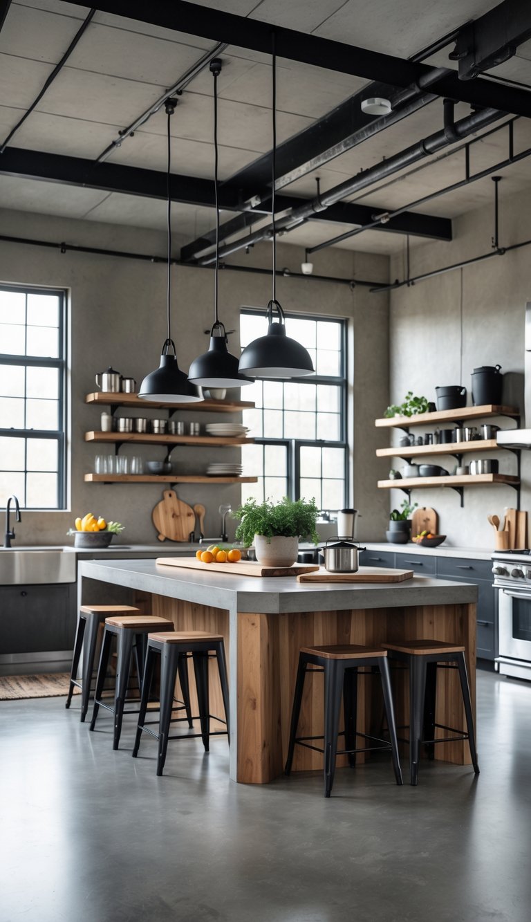 21 Industrial Kitchen Design Ideas for Modern and Efficient Spaces 23 A spacious industrial kitchen with gray and black tones, warm wooden surfaces, stainless steel appliances, and a large central island under natural light.
