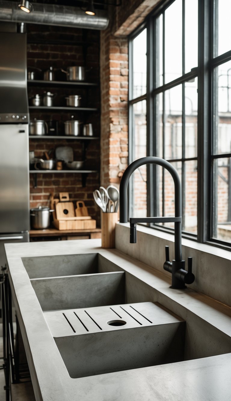 21 Industrial Kitchen Design Ideas for Modern and Efficient Spaces 24 A modern industrial kitchen with large concrete sinks that have built-in drainboards, surrounded by stainless steel appliances and exposed brick walls.