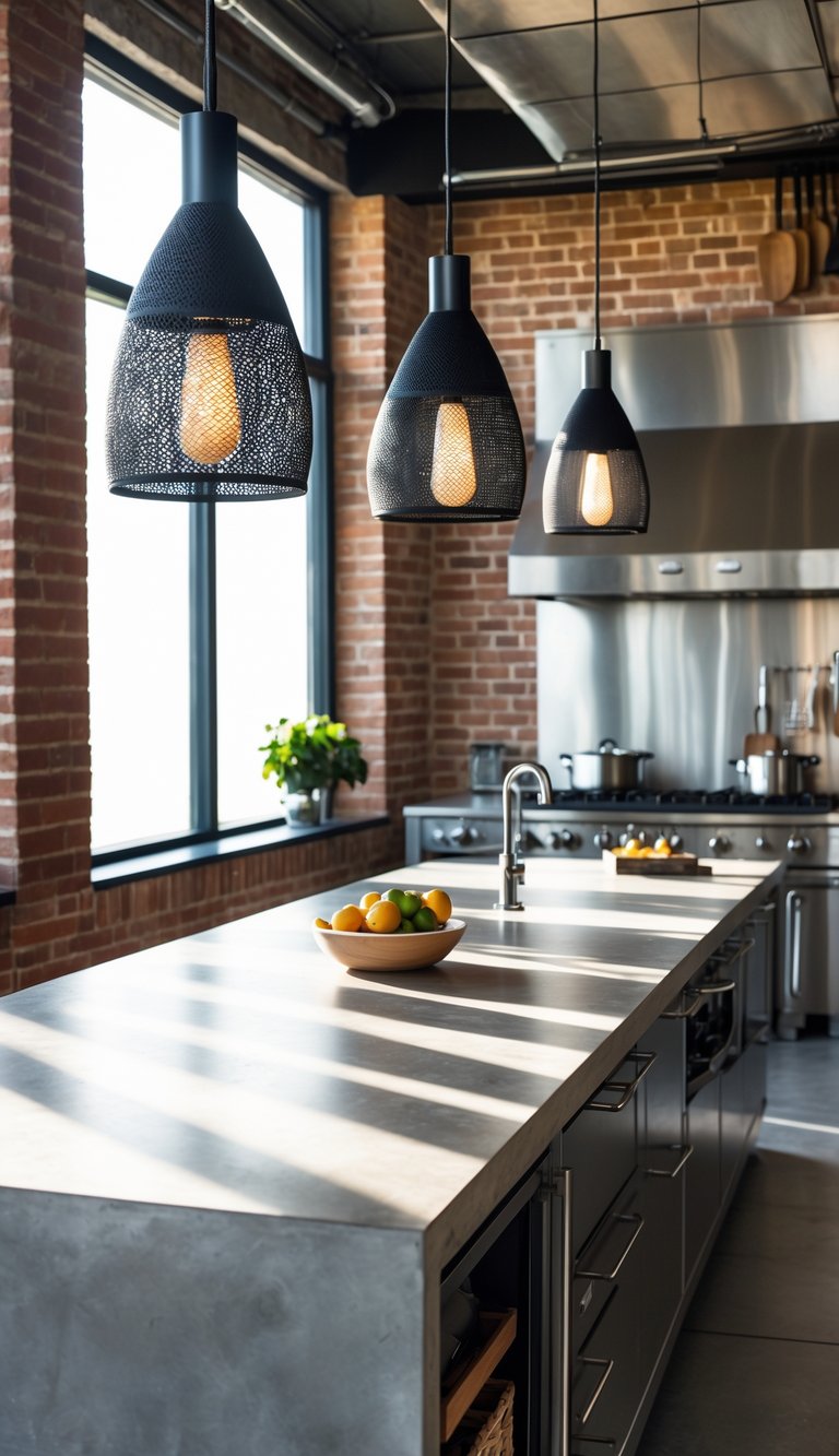 21 Industrial Kitchen Design Ideas for Modern and Efficient Spaces 25 A modern kitchen with mesh pendant lamps hanging over two kitchen islands, featuring exposed brick walls and stainless steel appliances.