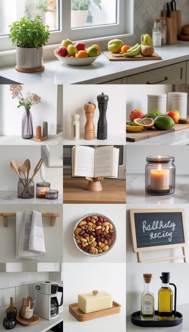17 Kitchen Counter Top Decor Ideas to Transform Your Space Elegantly 19 A kitchen countertop displaying various decorative items including plants, fruit bowls, jars, cutting boards, and kitchen utensils arranged neatly.