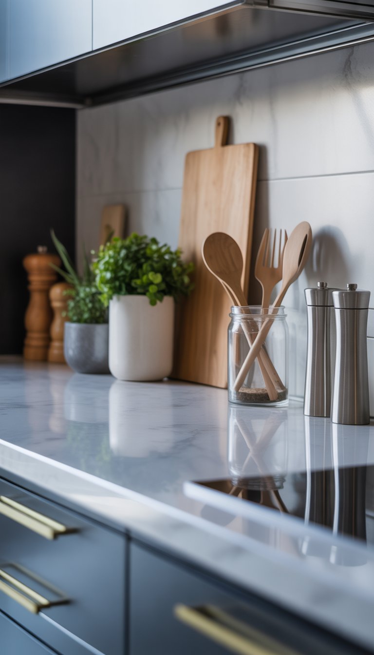 17 Kitchen Counter Top Decor Ideas to Transform Your Space Elegantly 2 Marble kitchen countertop with minimal decor including a small plant, vase with herbs, cutting board, glass jar with utensils, and salt and pepper grinders.