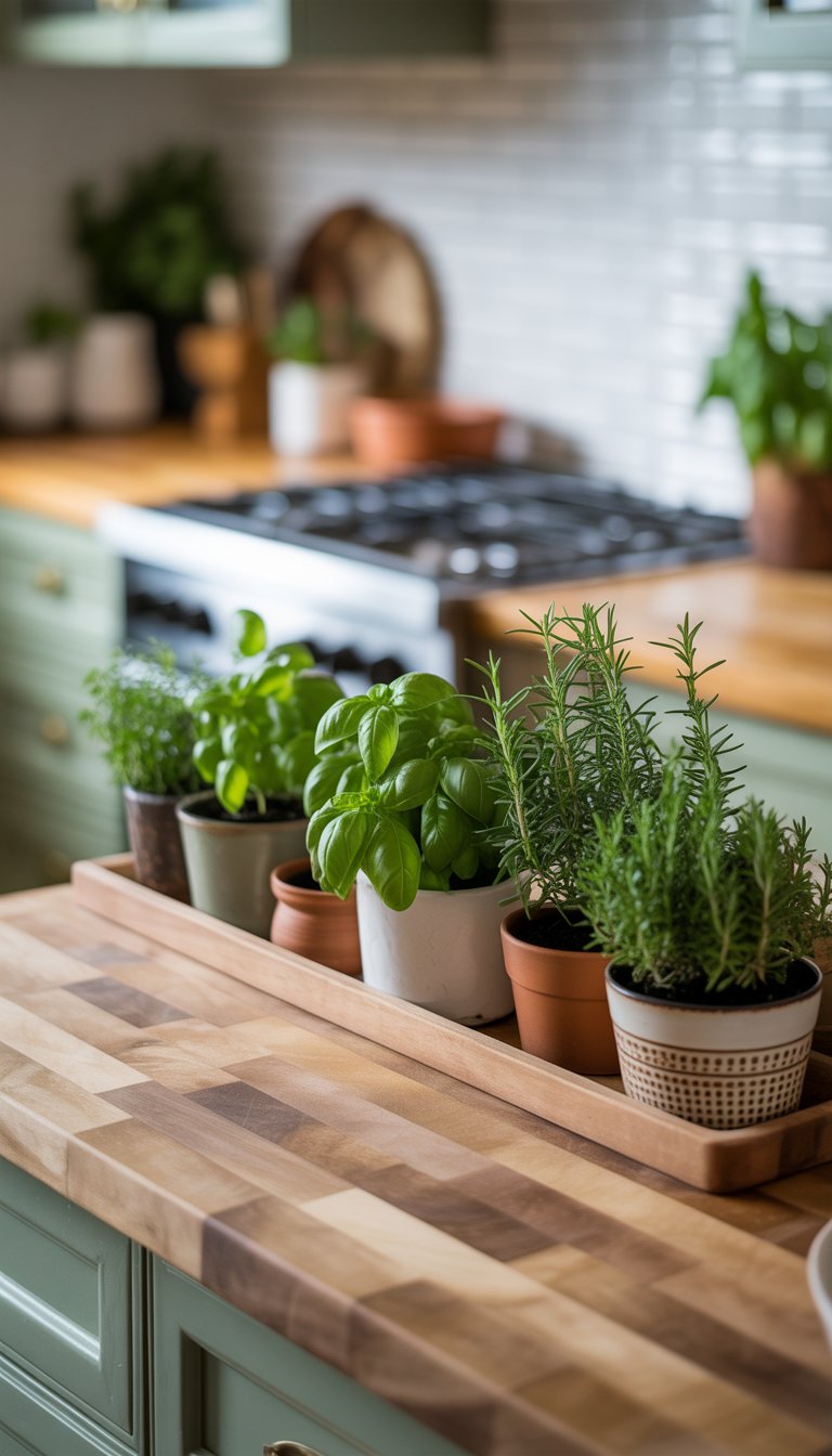 17 Kitchen Counter Top Decor Ideas to Transform Your Space Elegantly 3 Kitchen countertop with a butcher block surface and several small herb planters containing fresh green herbs.