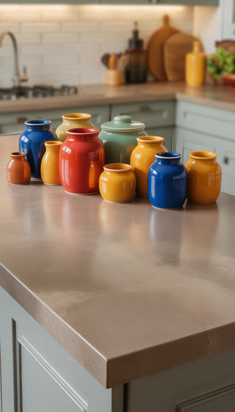 17 Kitchen Counter Top Decor Ideas to Transform Your Space Elegantly 4 Kitchen countertop with a laminate surface decorated with colorful ceramic jars arranged neatly.