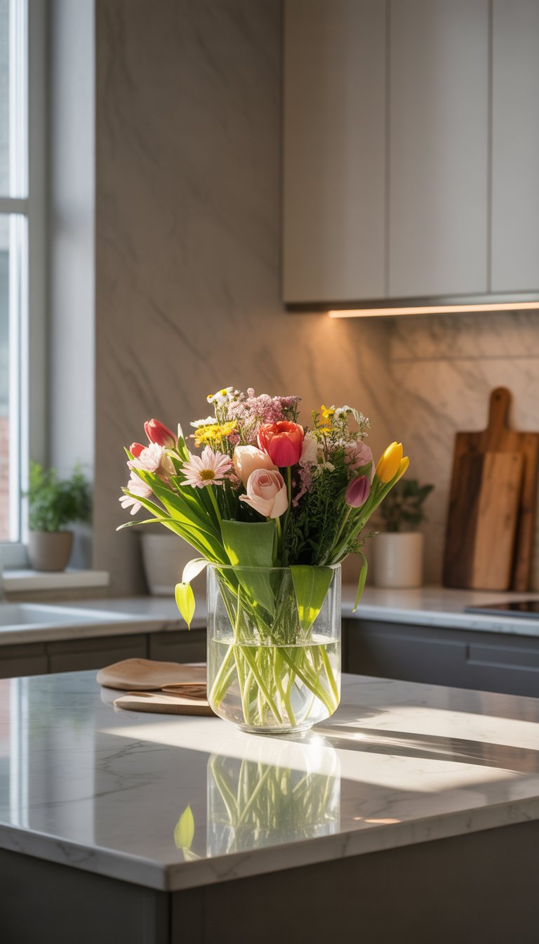 17 Kitchen Counter Top Decor Ideas to Transform Your Space Elegantly 5 A glass vase with fresh flowers on a kitchen countertop.