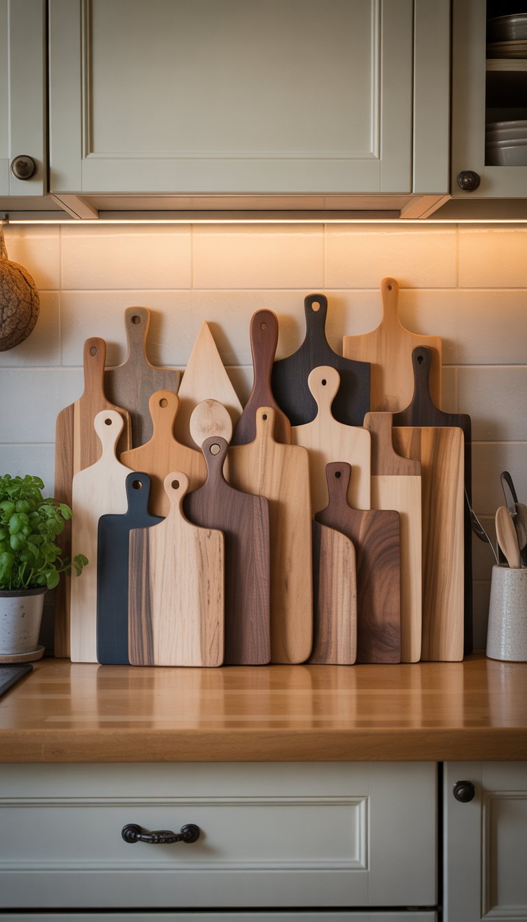 17 Kitchen Counter Top Decor Ideas to Transform Your Space Elegantly 6 Fifteen decorative wooden cutting boards displayed upright on a kitchen countertop with kitchen items in the background.