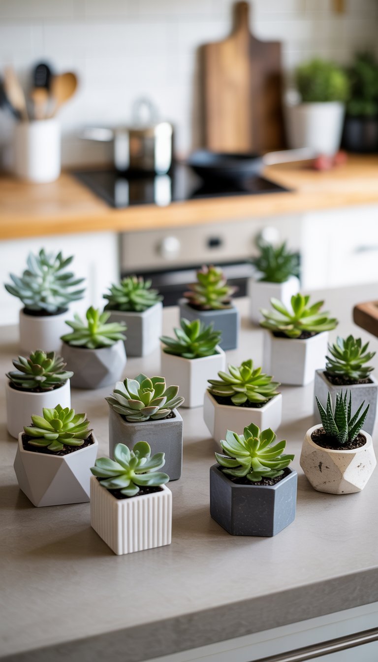17 Kitchen Counter Top Decor Ideas to Transform Your Space Elegantly 7 Small succulent plants in various geometric pots arranged on a kitchen countertop.