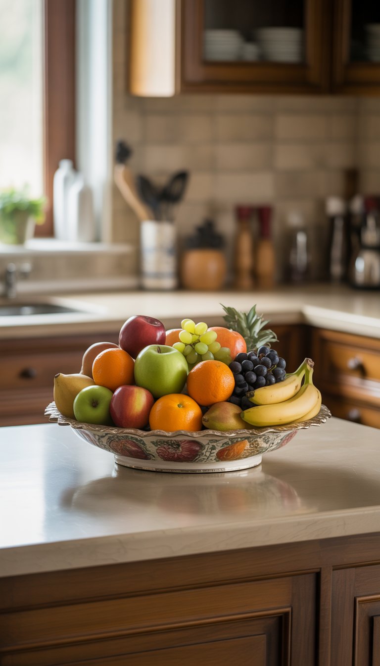 17 Kitchen Counter Top Decor Ideas to Transform Your Space Elegantly 8 A fruit bowl filled with various fresh fruits sits on a kitchen countertop with cabinets and kitchen utensils in the background.