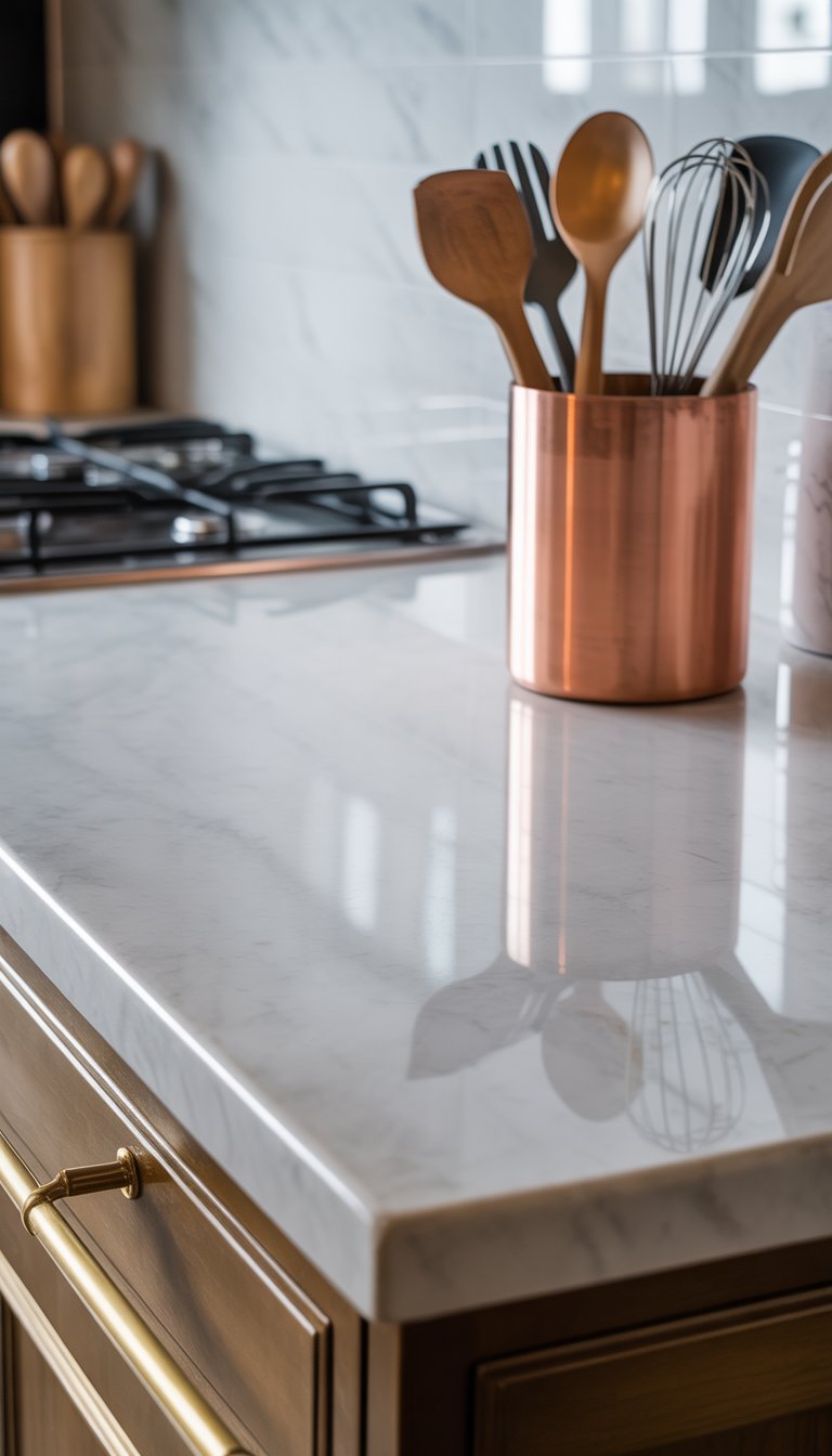 17 Kitchen Counter Top Decor Ideas to Transform Your Space Elegantly 9 A white marble kitchen countertop with a copper utensil holder containing kitchen tools.
