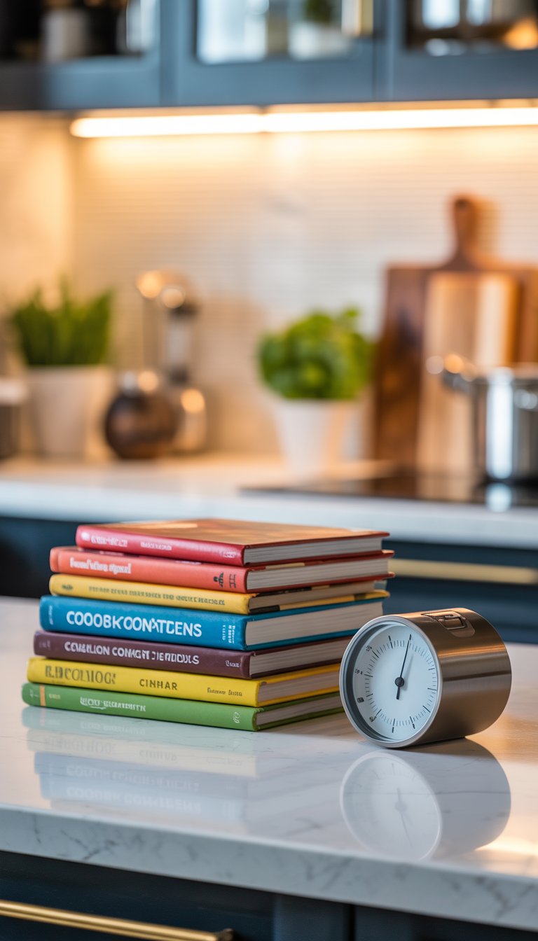 17 Kitchen Counter Top Decor Ideas to Transform Your Space Elegantly 10 Stacked cookbooks next to a sleek kitchen timer on a kitchen countertop with small plants and a cutting board in the background.