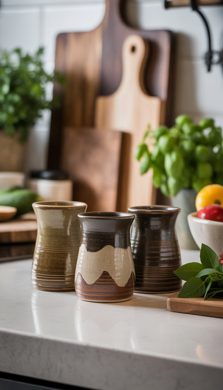 17 Kitchen Counter Top Decor Ideas to Transform Your Space Elegantly 11 A set of artisan pottery salt and pepper shakers on a kitchen countertop surrounded by kitchen decor items like fresh herbs and wooden cutting boards.
