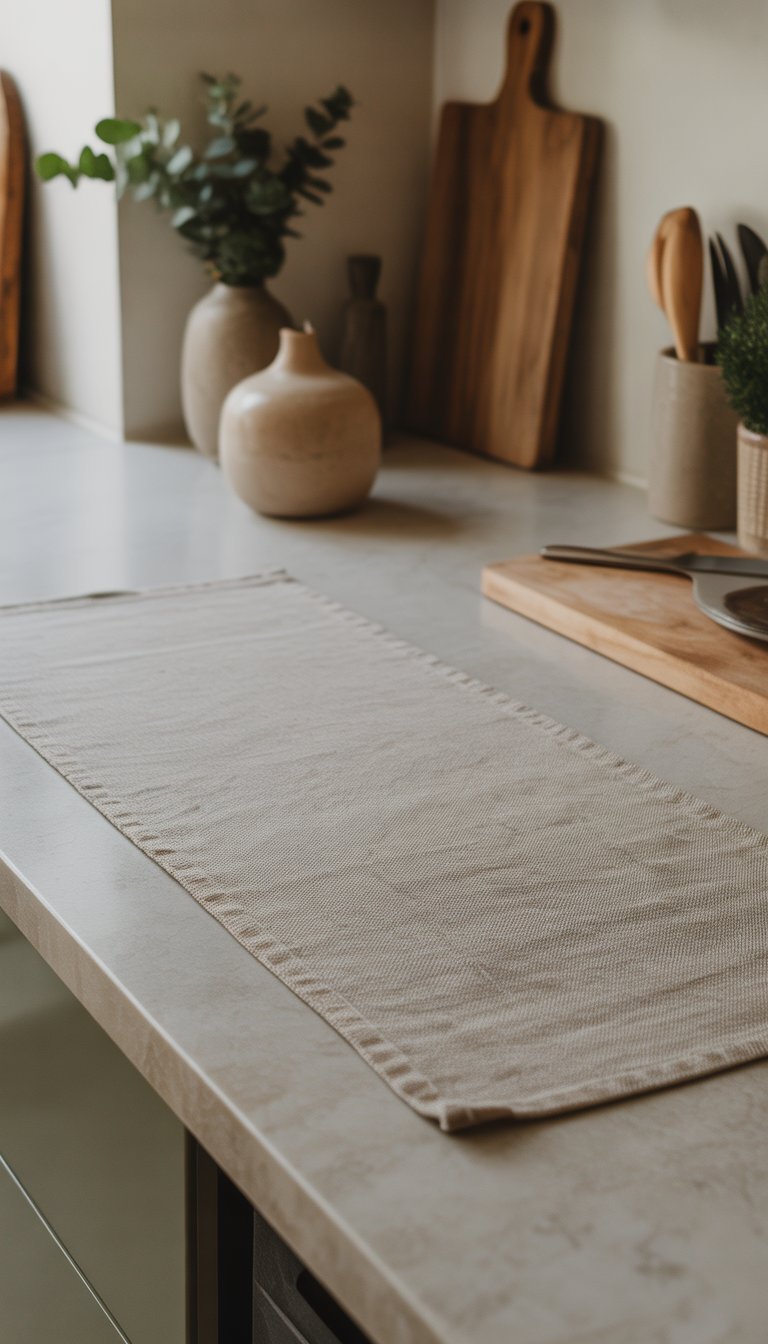 17 Kitchen Counter Top Decor Ideas to Transform Your Space Elegantly 12 A kitchen countertop with a neutral-toned linen runner and simple decor including a small vase with greenery and kitchen utensils.