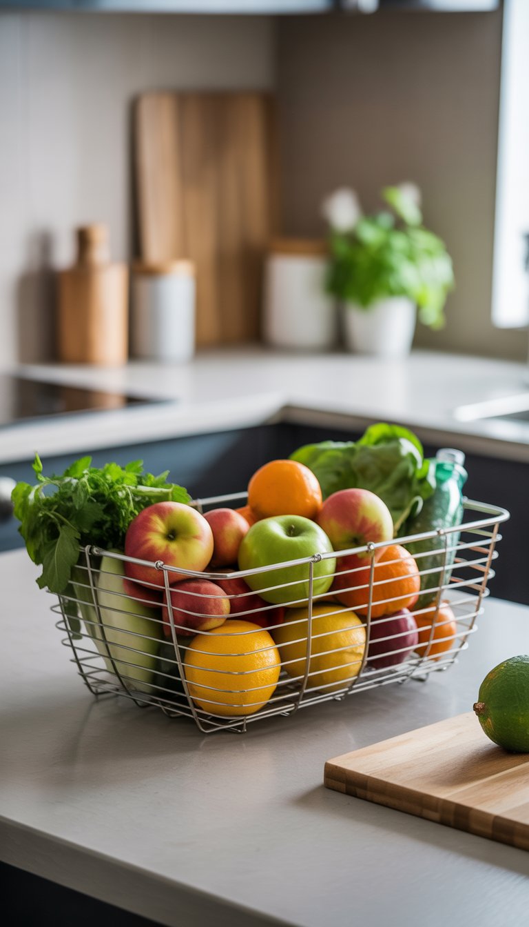 17 Kitchen Counter Top Decor Ideas to Transform Your Space Elegantly 13 A kitchen countertop with a wire basket holding fresh fruits and vegetables, surrounded by kitchen decor items.
