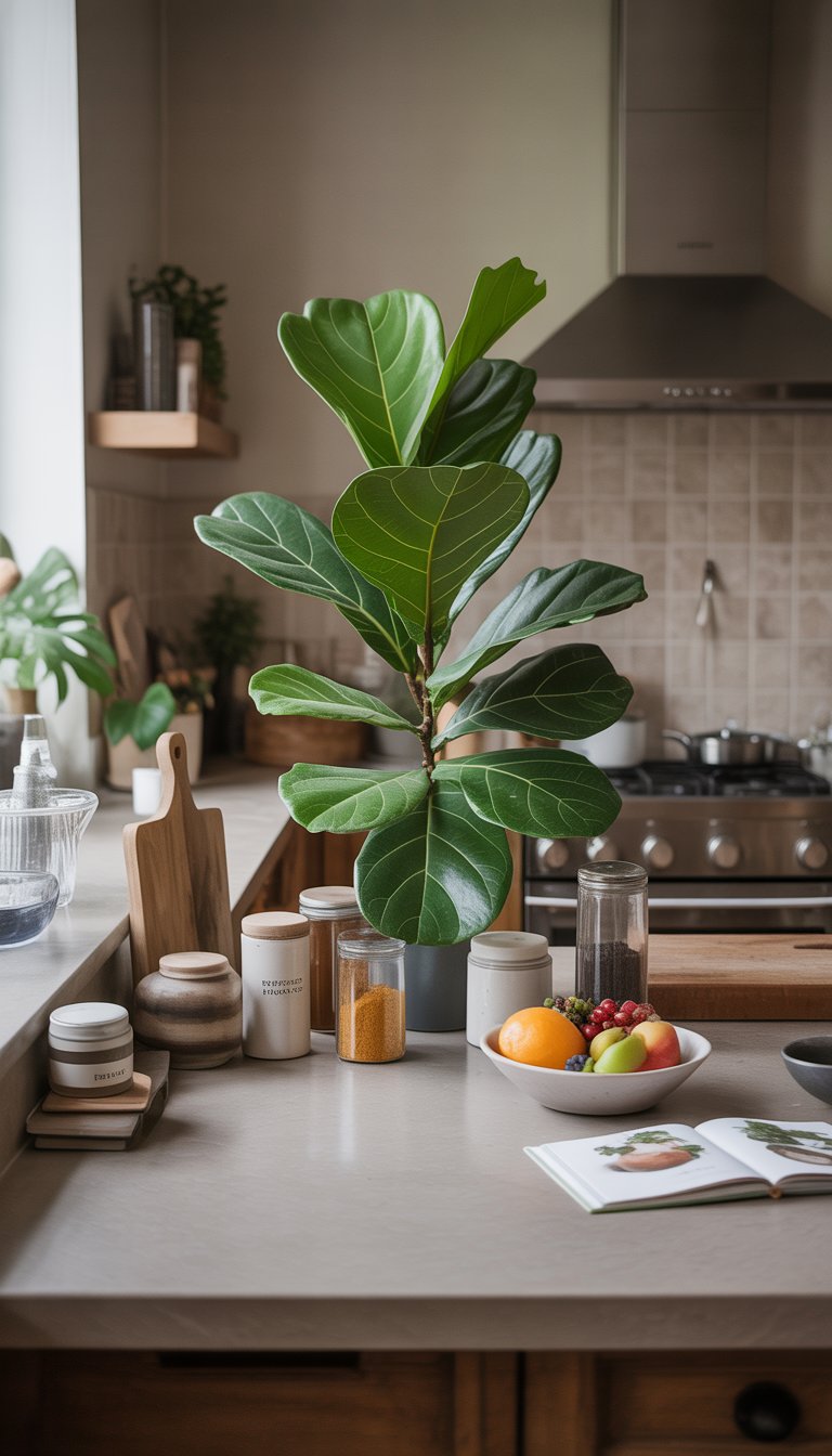 17 Kitchen Counter Top Decor Ideas to Transform Your Space Elegantly 14 A kitchen countertop decorated with a large fiddle leaf fig plant surrounded by kitchen accessories and natural light.