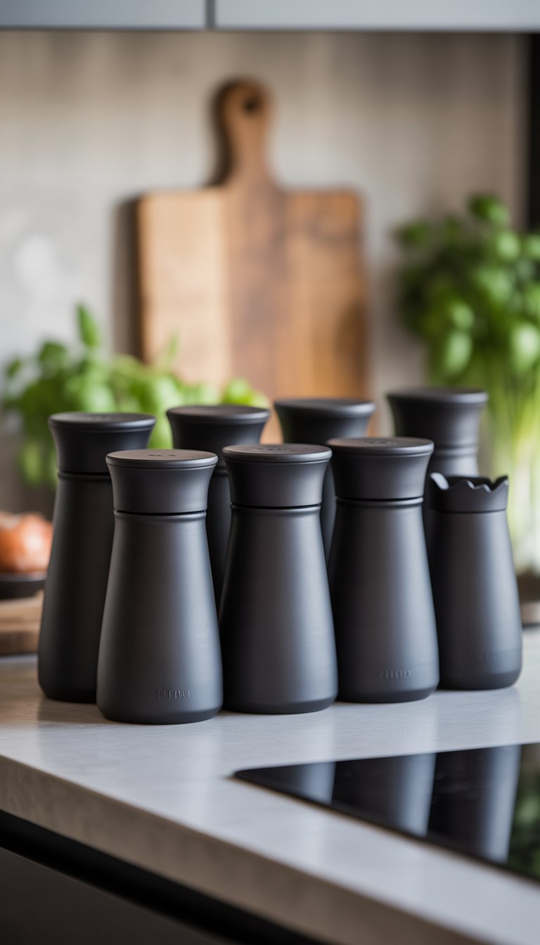 17 Kitchen Counter Top Decor Ideas to Transform Your Space Elegantly 15 A set of matte black spice jars arranged on a kitchen countertop with kitchen accessories nearby.