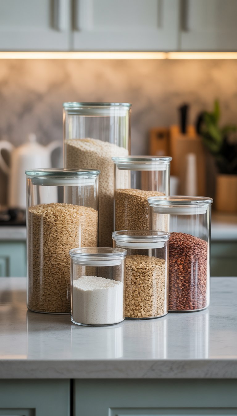 17 Kitchen Counter Top Decor Ideas to Transform Your Space Elegantly 17 Clear glass canisters filled with different grains arranged on a kitchen countertop.