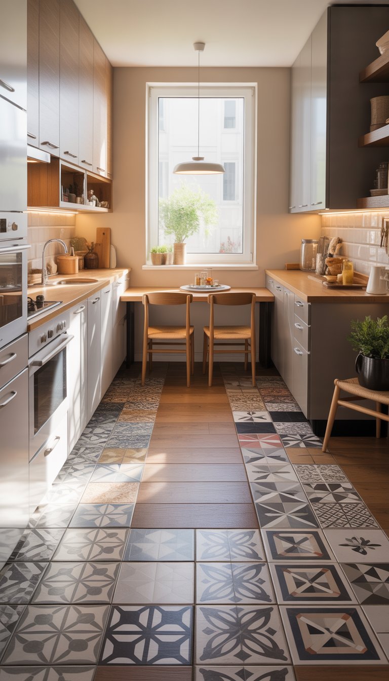 A small kitchen with modern flooring, natural light, and compact furniture.
