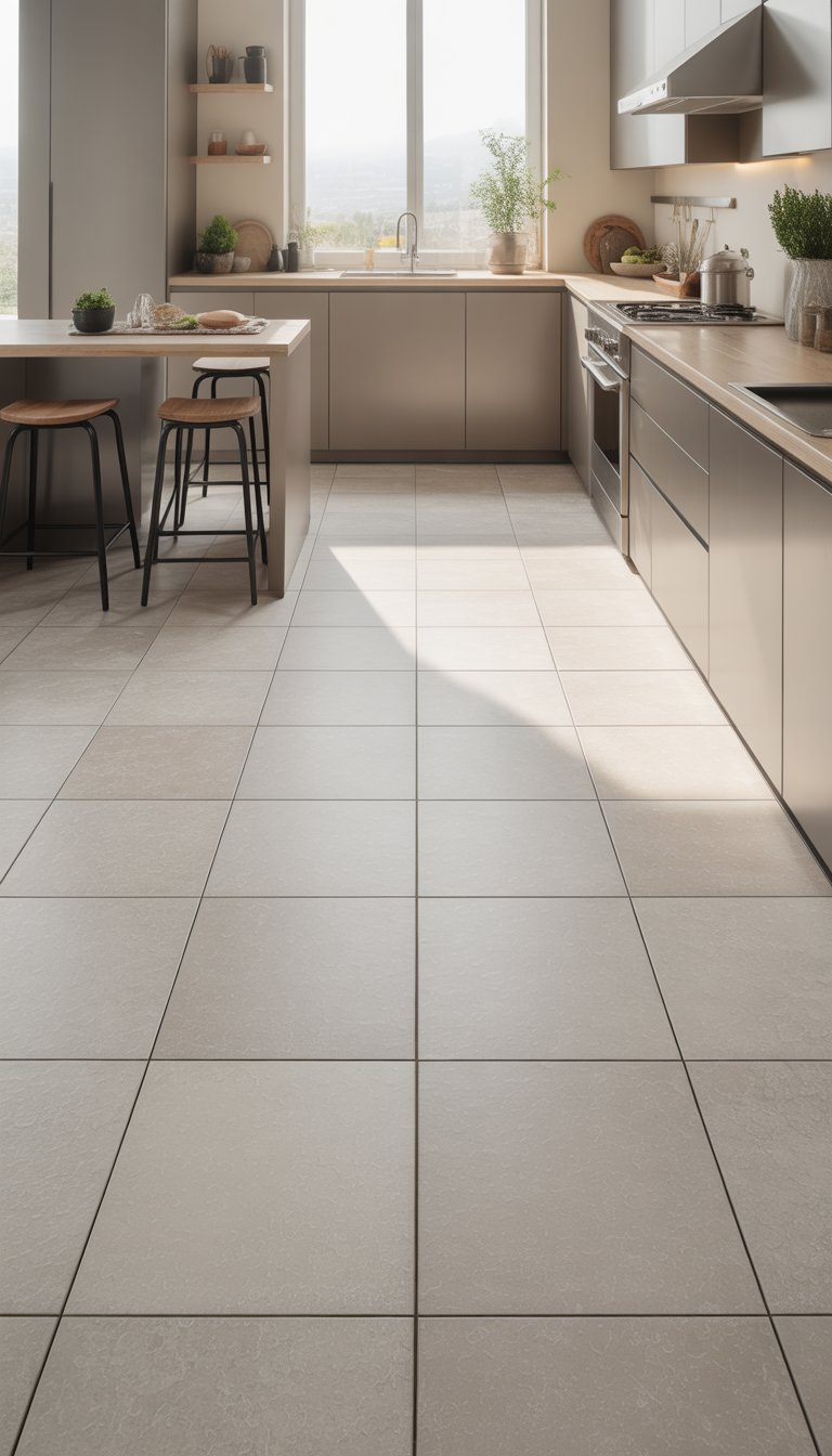 Small kitchen with large porcelain floor tiles and modern appliances