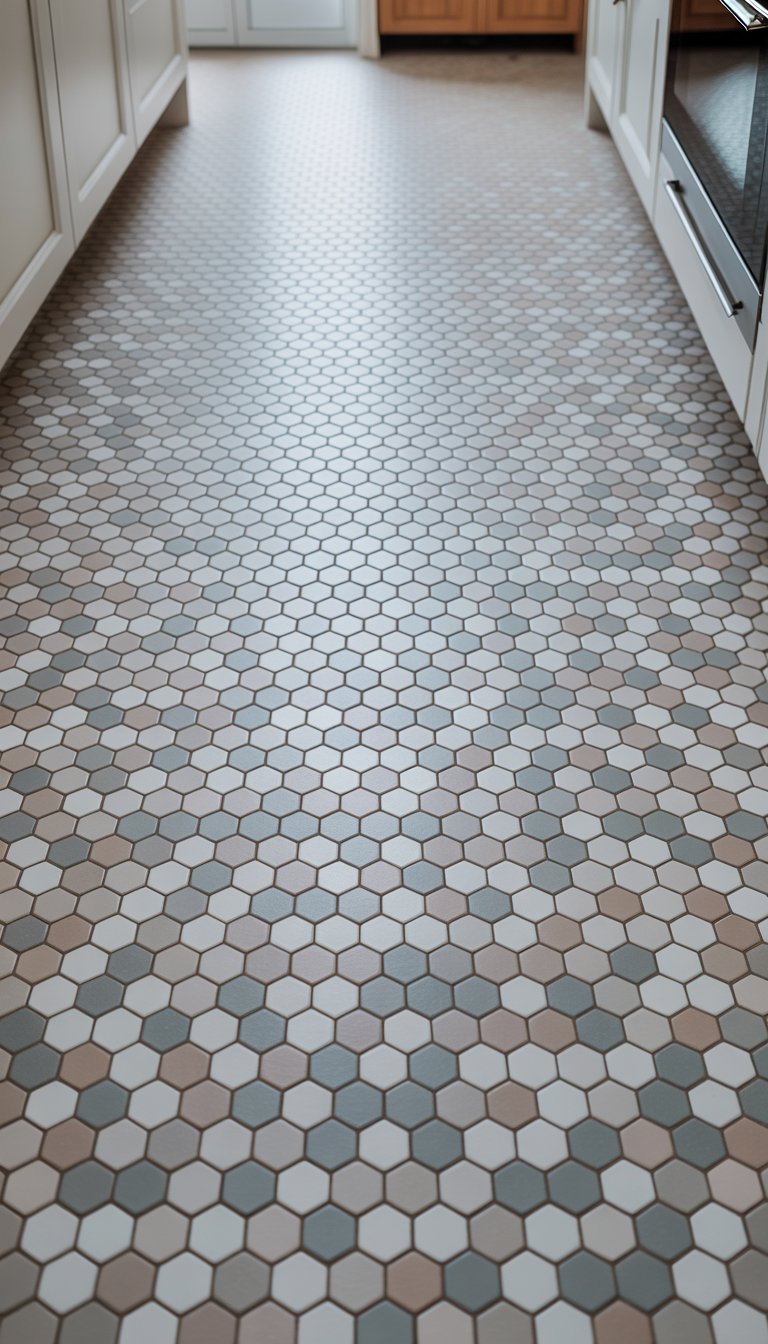 Close-up view of a kitchen floor with small hexagon ceramic tiles arranged in a geometric pattern.