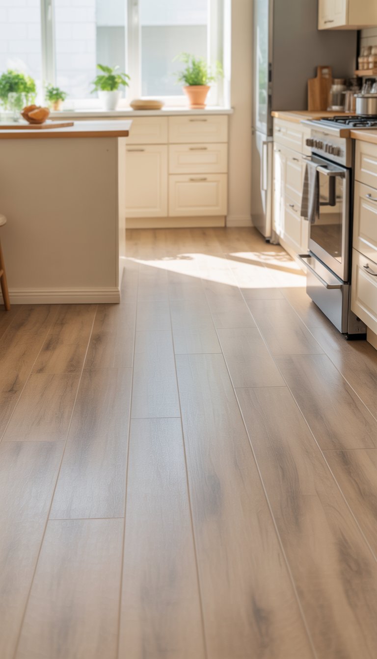 A small kitchen with light wood-effect vinyl flooring, white cabinets, a kitchen island, and natural light coming through a window.