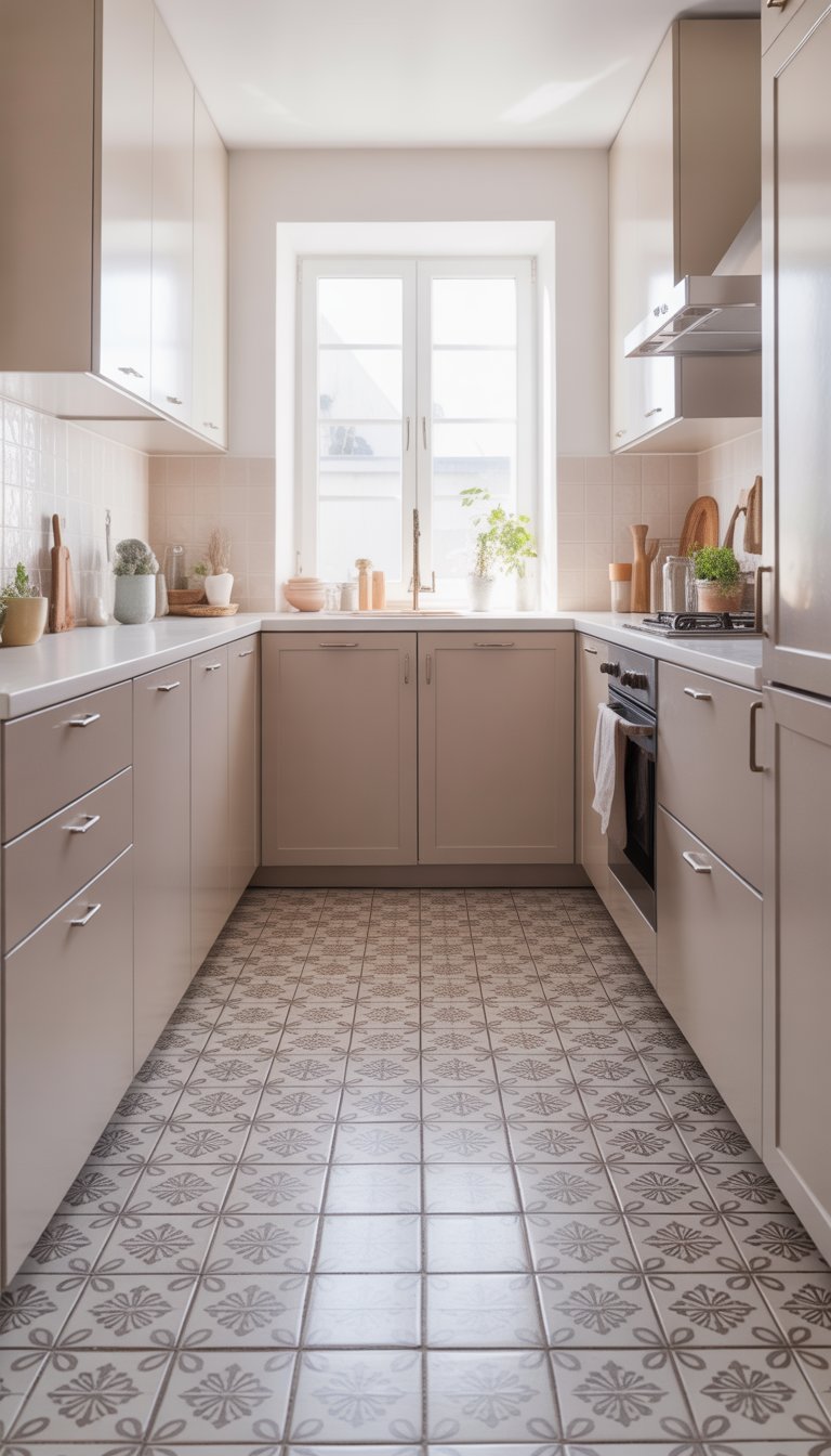A small kitchen with white patterned floor tiles, light cabinetry, and natural light coming through a window.