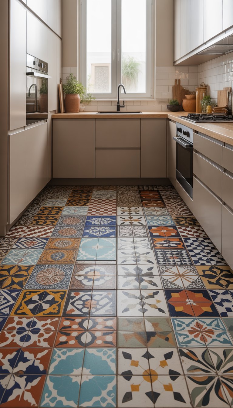 A small kitchen with colorful patterned tiles covering the floor and simple cabinets.