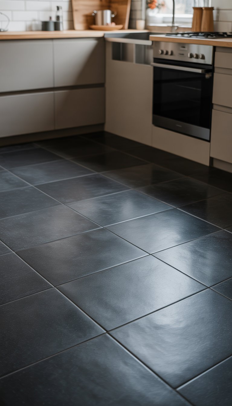 A small kitchen with matte black tile flooring, light cabinets, and stainless steel appliances.