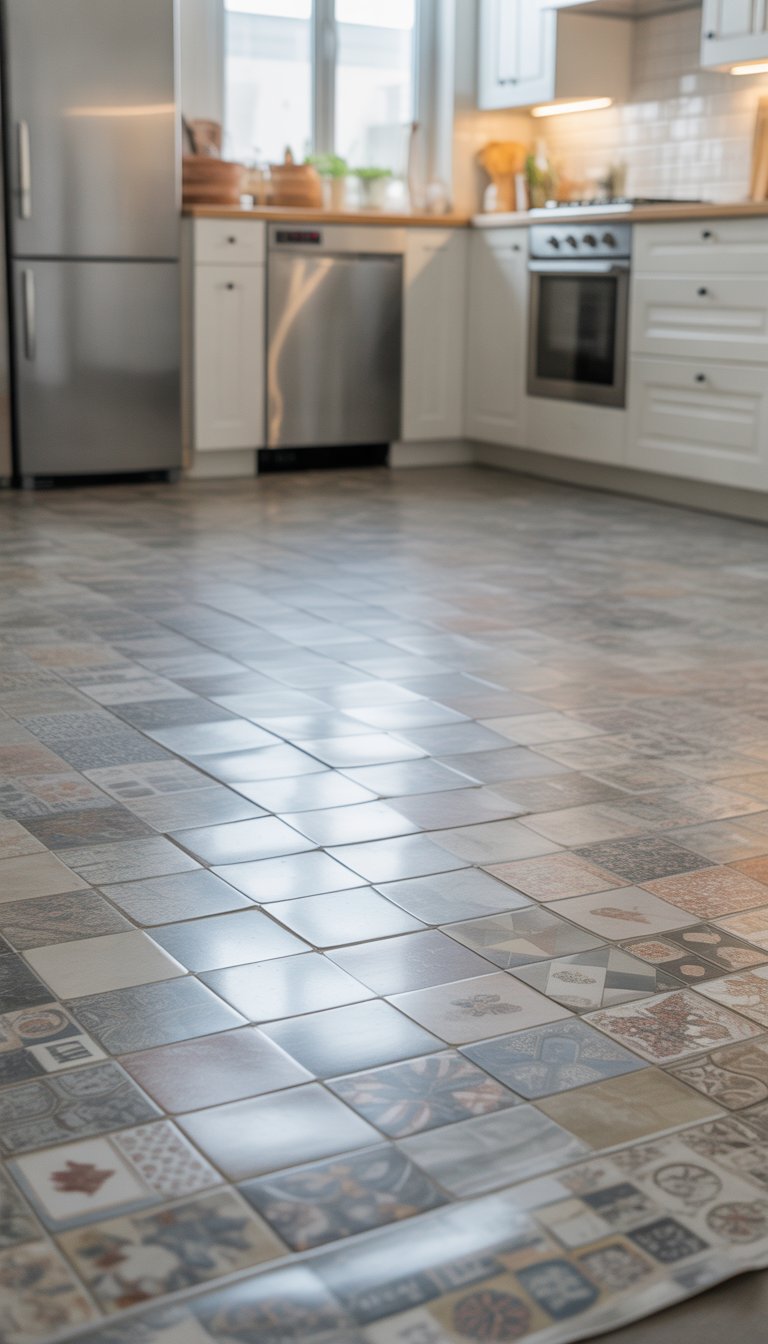 A modern kitchen with white cabinets and stainless steel appliances, featuring a clean peel-and-stick vinyl tile floor in various small patterns.