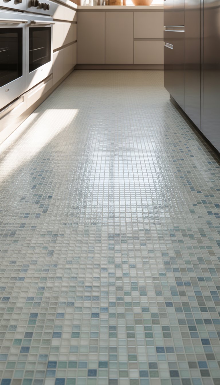 A kitchen floor covered with small mosaic glass tiles reflecting light, creating a bright and airy atmosphere.
