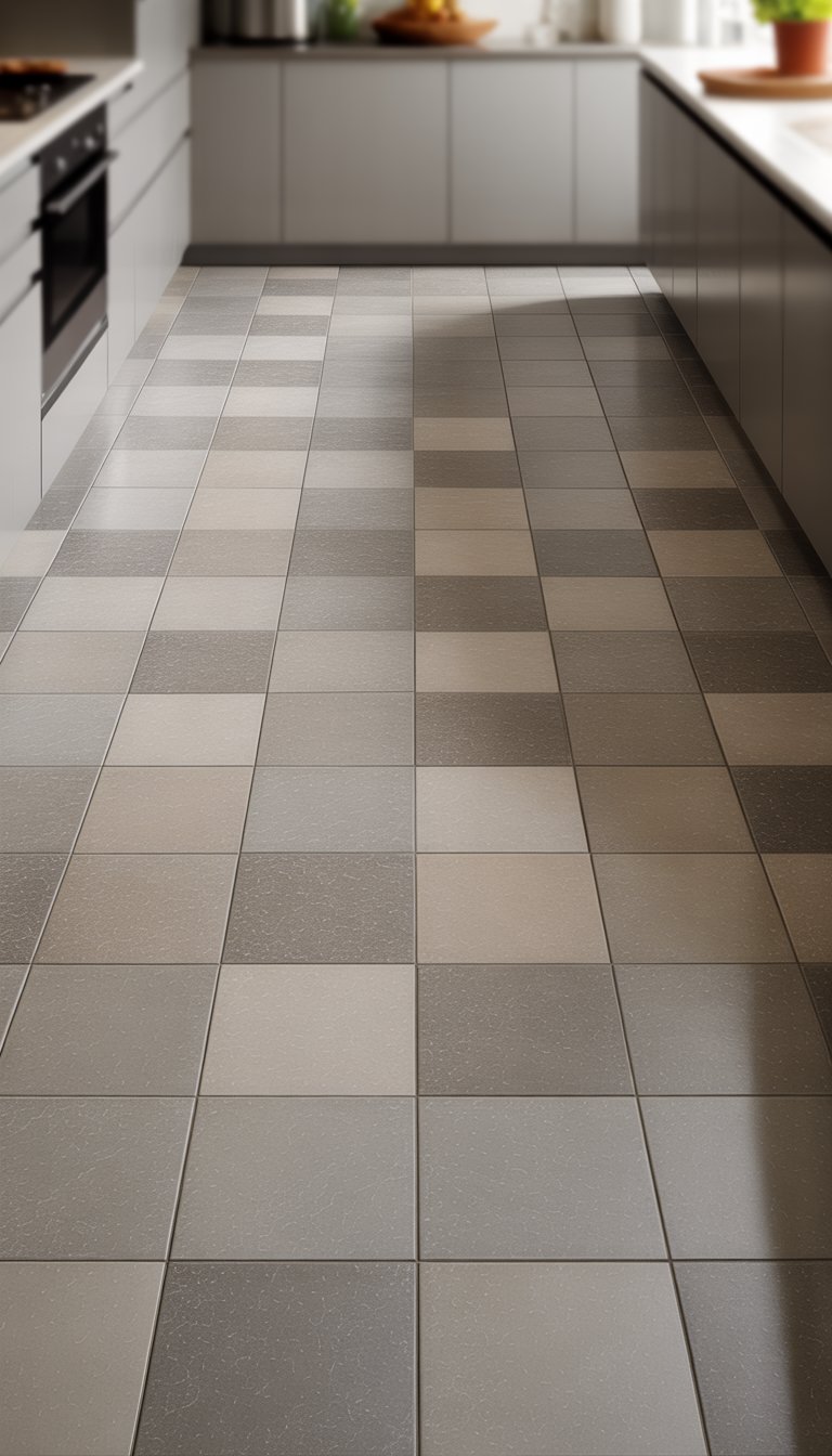 Close-up view of a kitchen floor with light gray stone tiles arranged in a neat pattern.