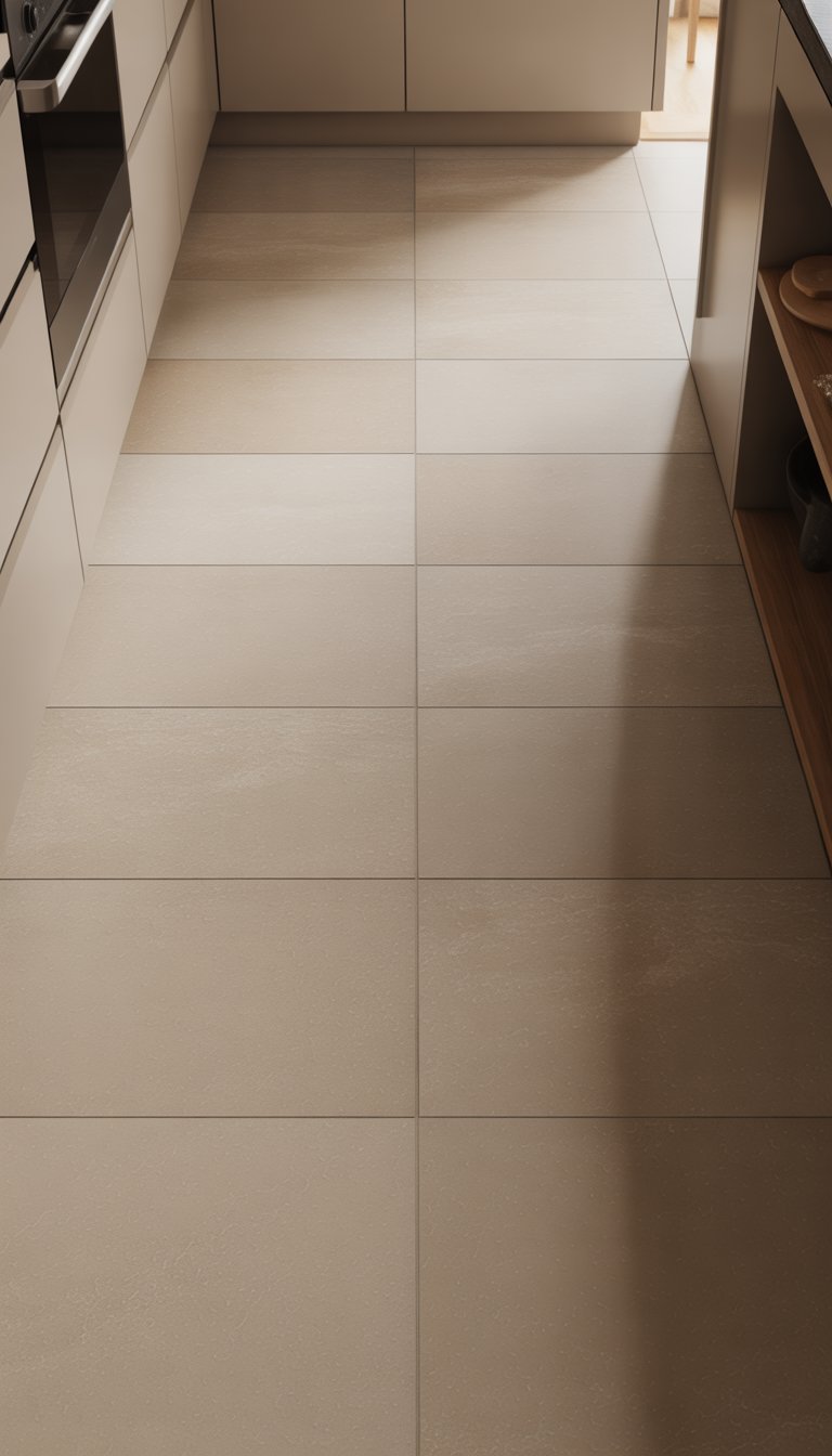 A clean kitchen floor with neutral beige porcelain tiles and a small section of kitchen cabinets and countertop.