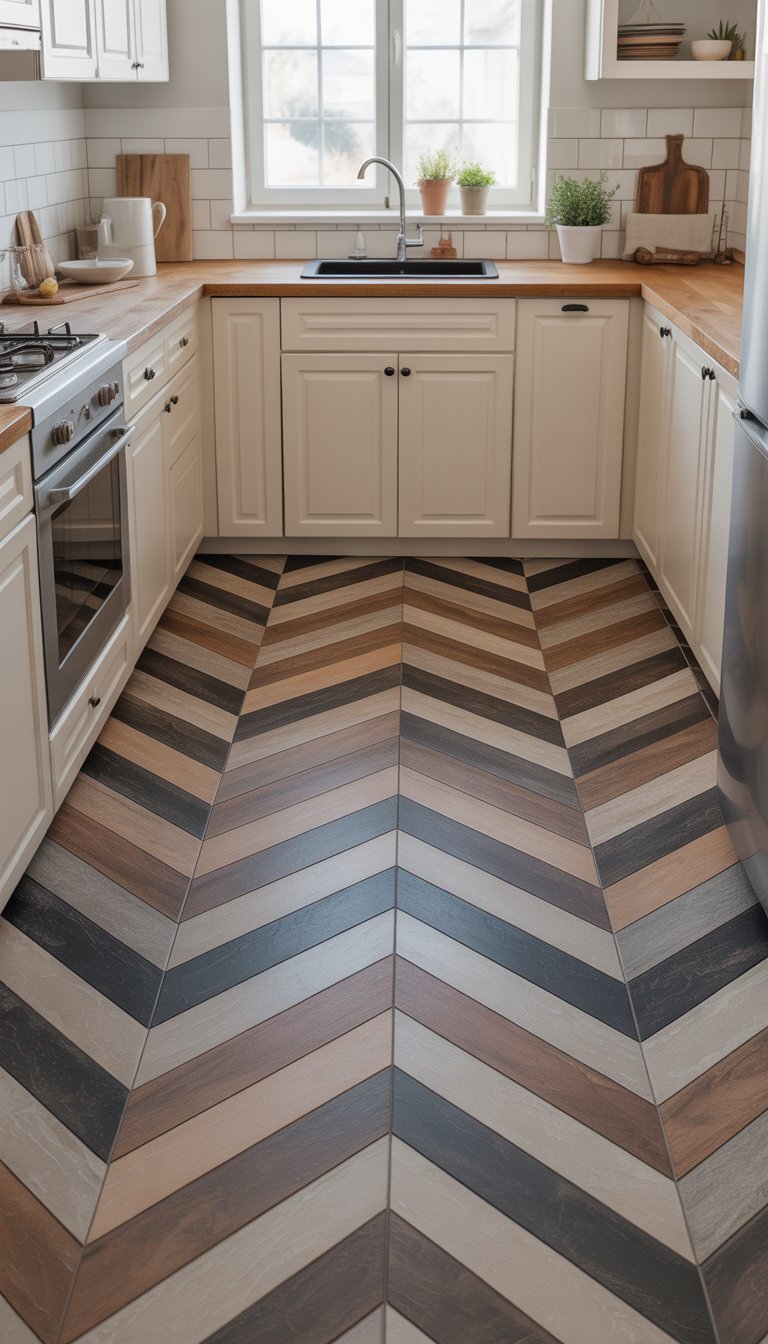 A small kitchen with white cabinets, stainless steel appliances, and chevron-patterned vinyl flooring in warm wood tones.