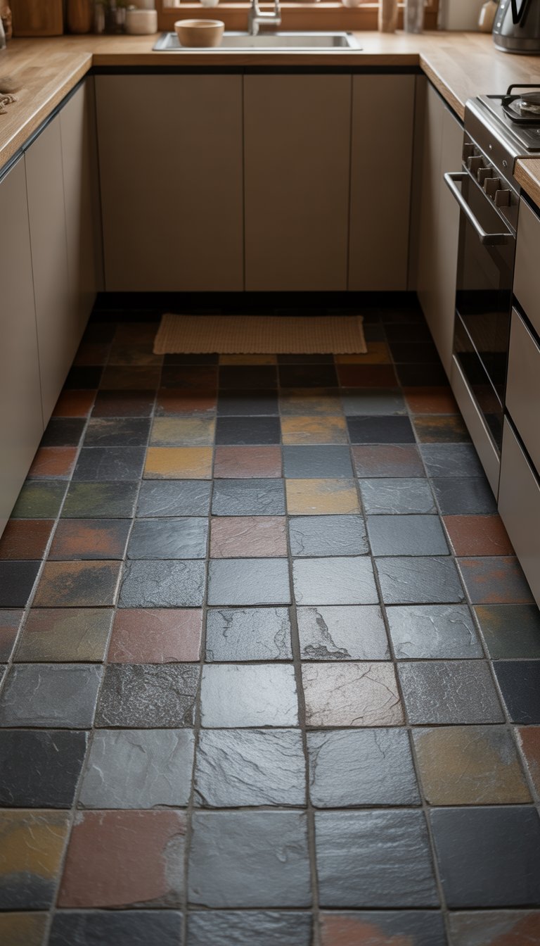 A small kitchen floor covered with natural slate tiles in earthy tones, showing the texture and pattern of the flooring.
