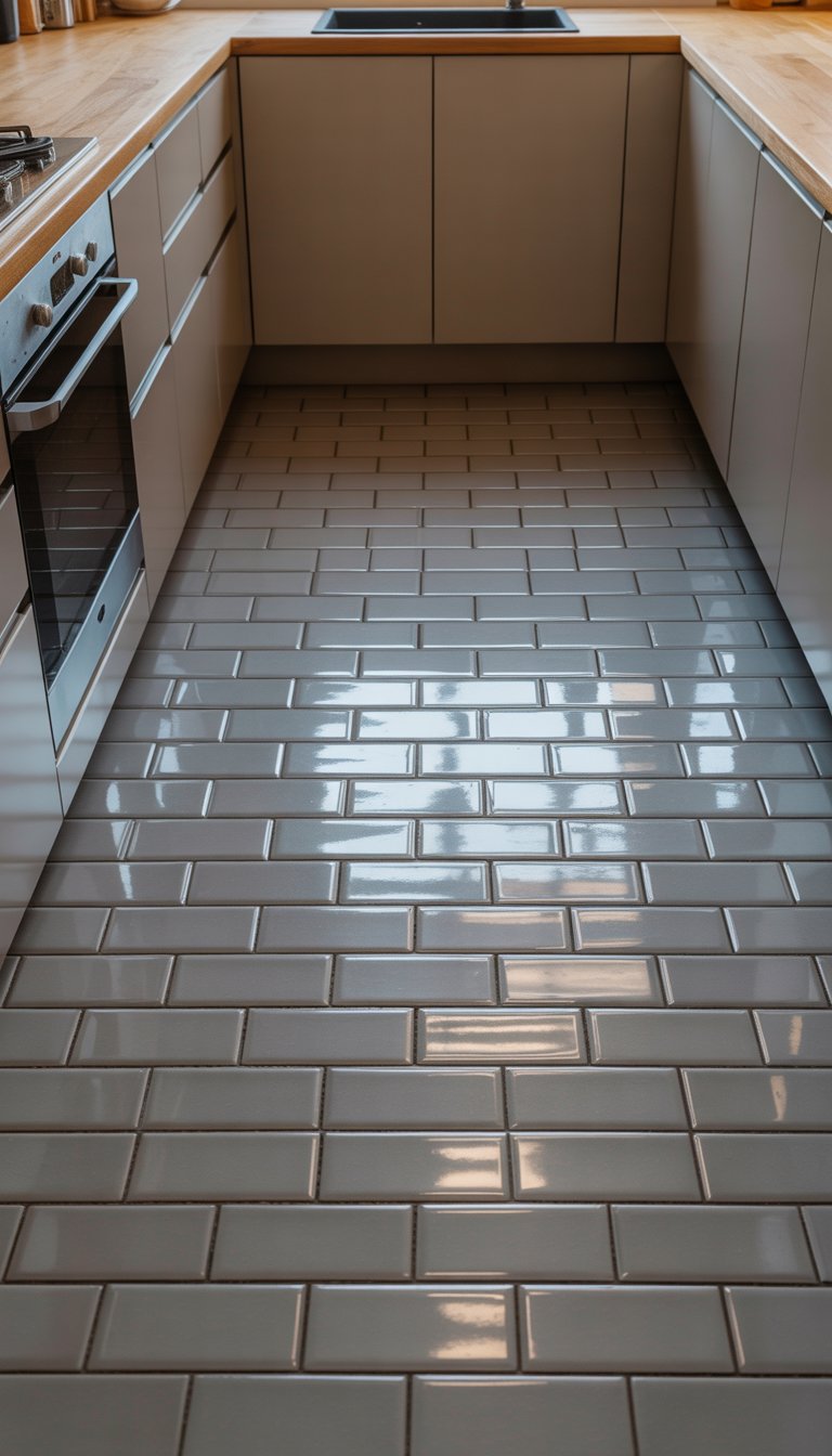 Small kitchen with glossy subway tile flooring and modern cabinetry.