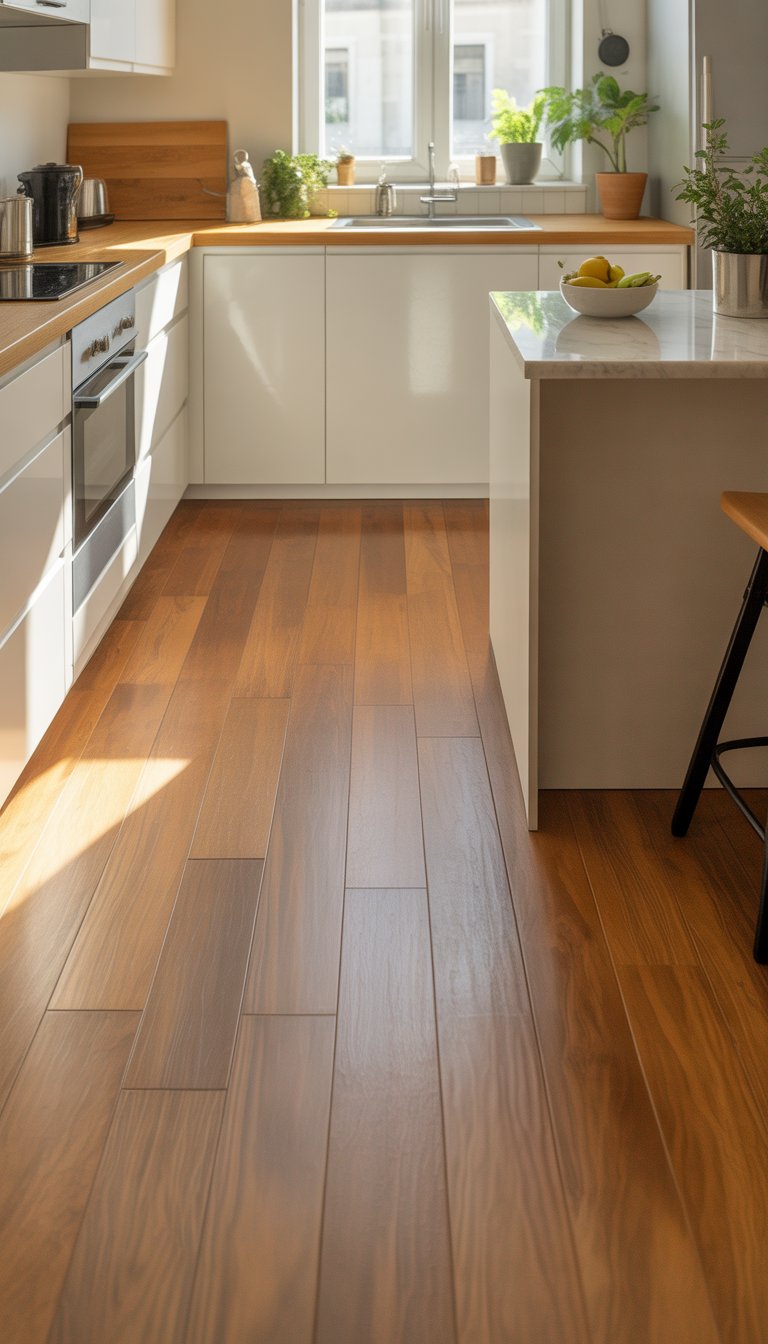 Small kitchen with warm oak hardwood flooring, white cabinets, stainless steel appliances, and natural light.