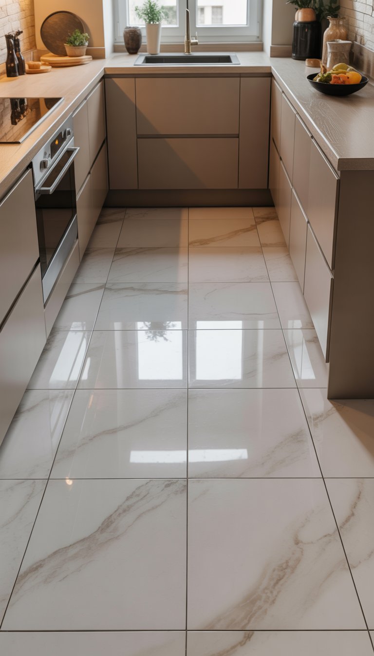 A small kitchen with large marble-look porcelain floor tiles, modern cabinets, and natural light.