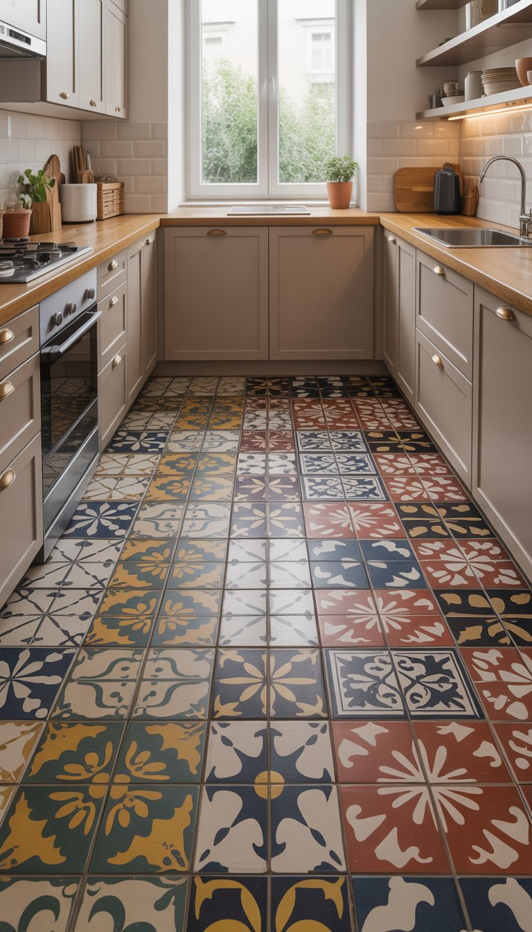 A small kitchen with colorful patterned floor tiles and modern cabinets.