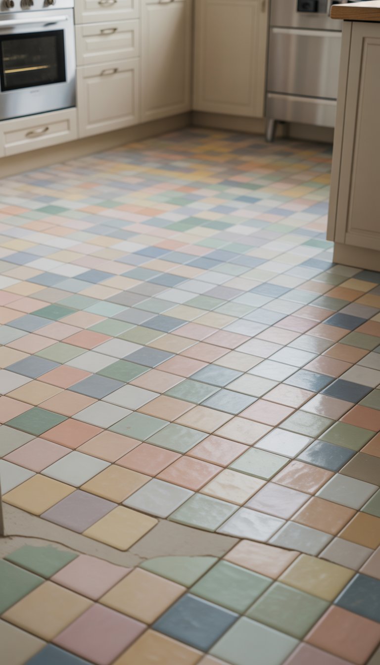 A kitchen floor with small pastel-colored tiles in light pink, green, blue, and beige, with white cabinets and appliances in the background.